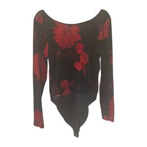 Black Collection Black Velvet Red Rose Floral Long Sleeve Bodysuit Women Size M